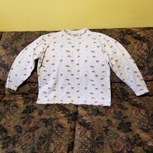 Ivory mock neck, flowers, leaves, cotton top, M- L, vintage Northern Reflections